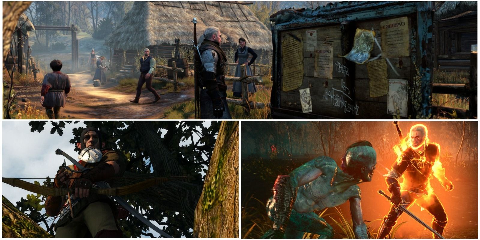 geralt looking at a notice board, an elf in a tree, and geralt fighting a drowner.