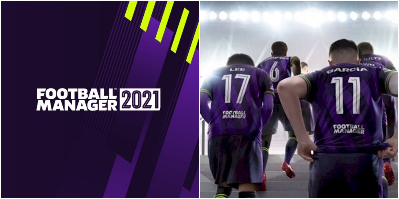(Left) Football Manager 21 Logo (Right) Football Manager 21 - Promotional image of players walking out onto the pitch