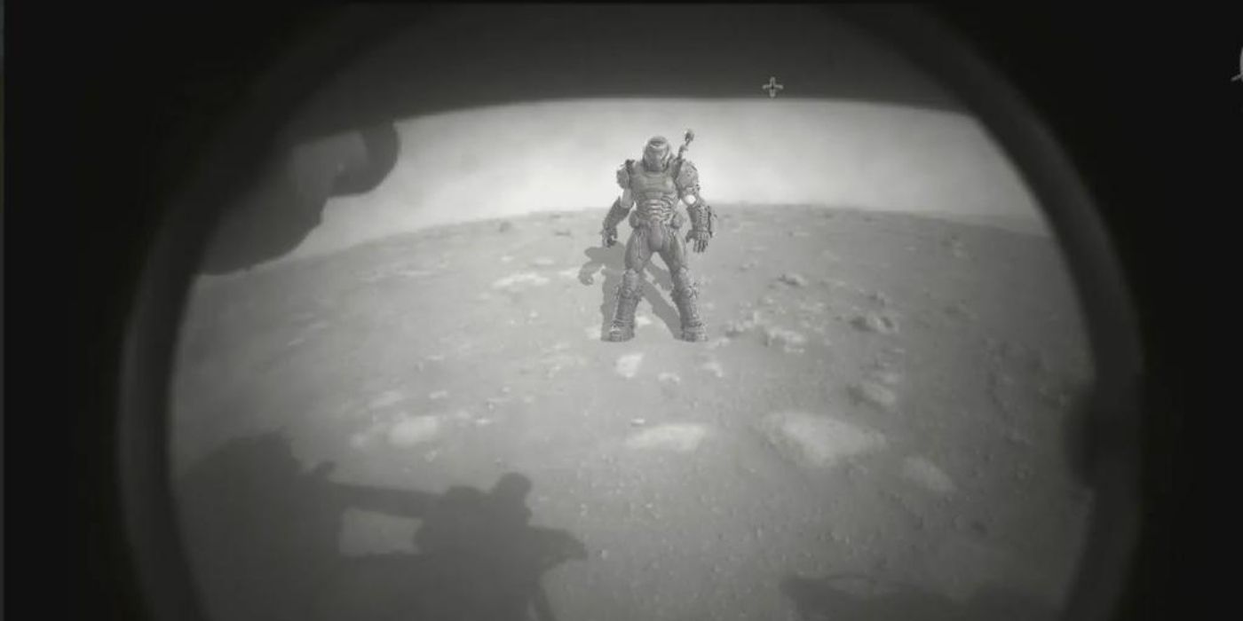 image of the doom slayer in the first photo taken from the perseverance rover on Mars