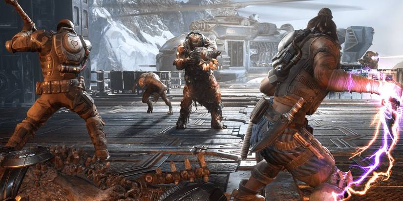 cogs trying to get on a helicopter with enemies standing infront of them