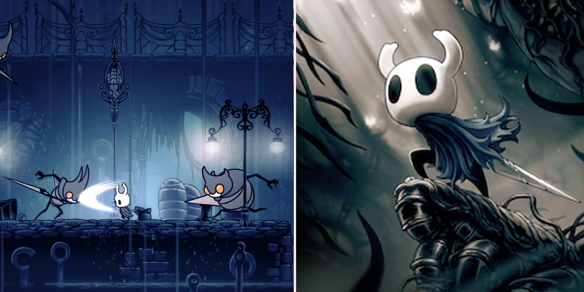 Split image of Hollow Knight gameplay and cover
