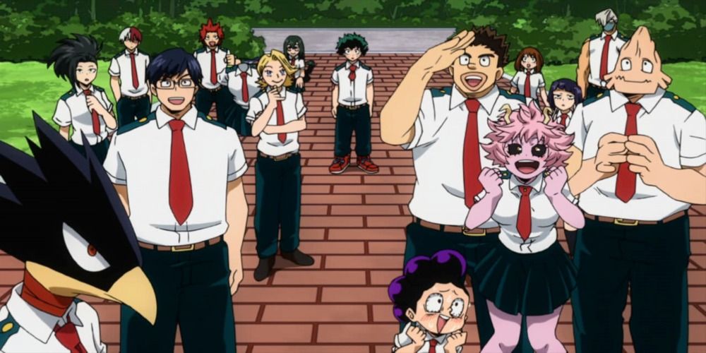 Class 1-A standing in front of the building in MHA