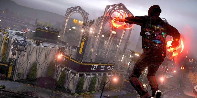 character flying above the stadium