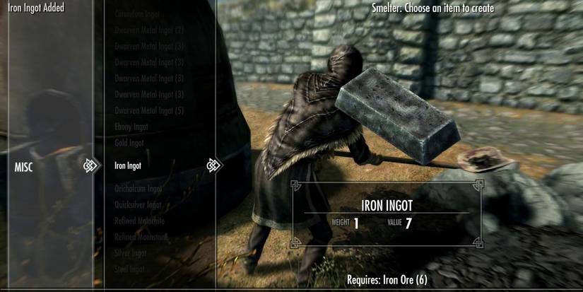 Skyrim player smelting iron