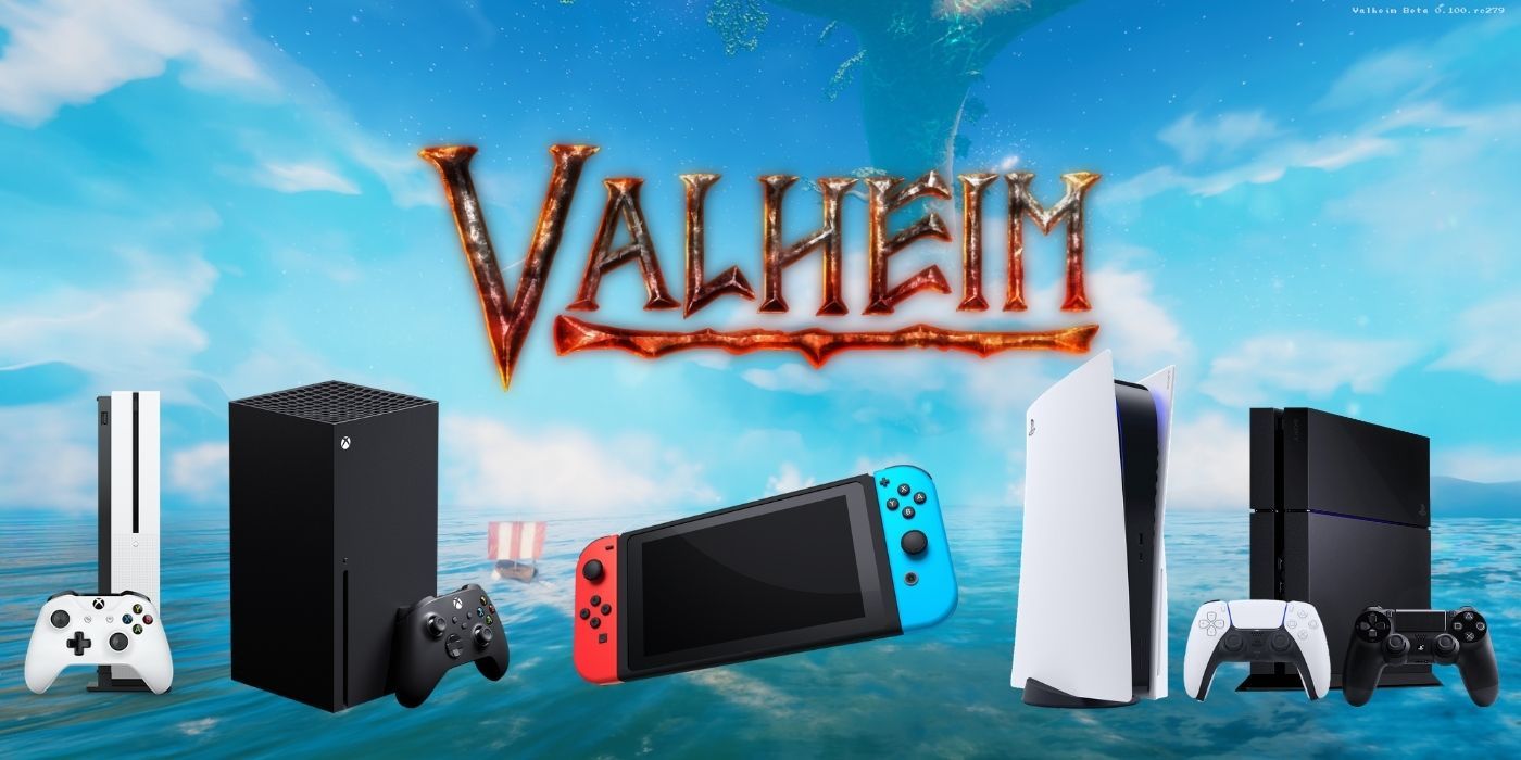 valheim logo above images of the ps4, ps5, xbox one, xbox series x, and switch