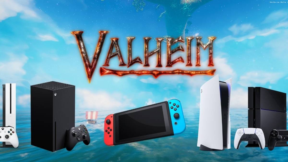 valheim logo above images of the ps4, ps5, xbox one, xbox series x, and switch
