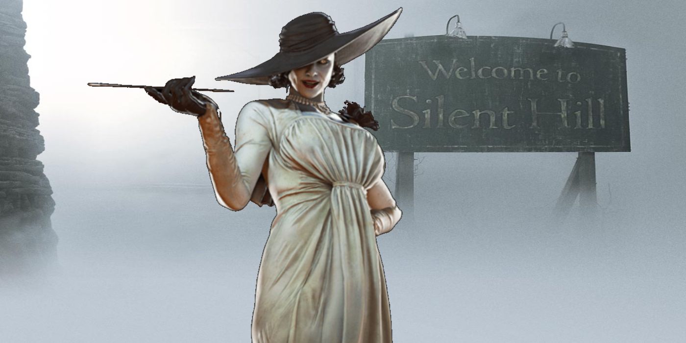 lady dimitresu in front of silent hill sign
