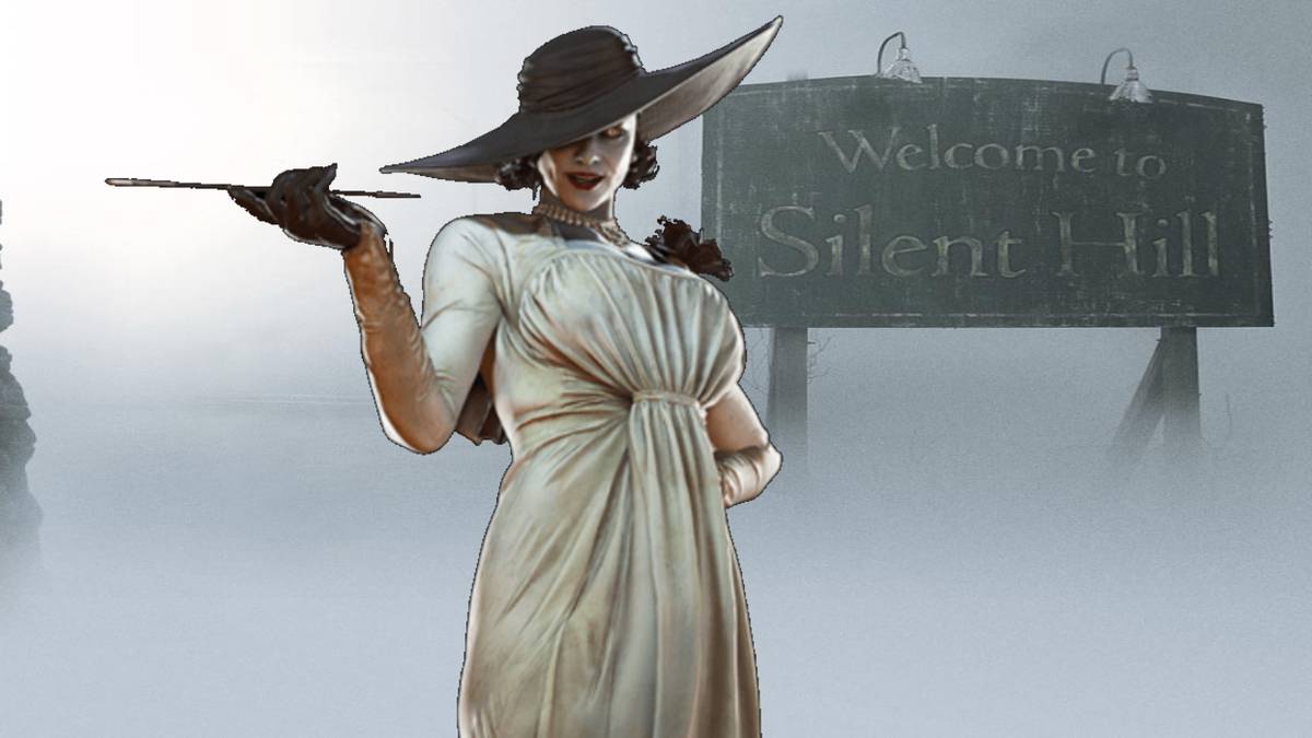 lady dimitresu in front of silent hill sign