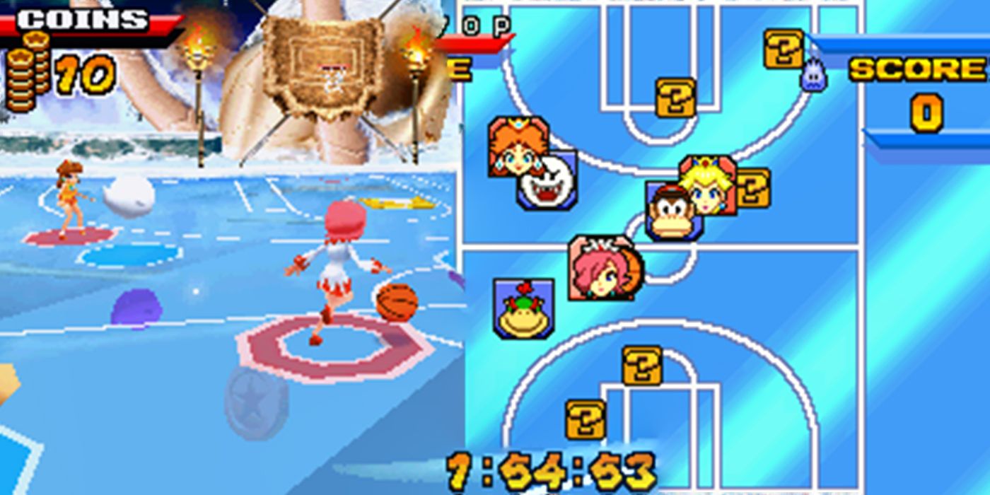 mario hoops 3 on 3 split screen of playing on ice court and overhead map