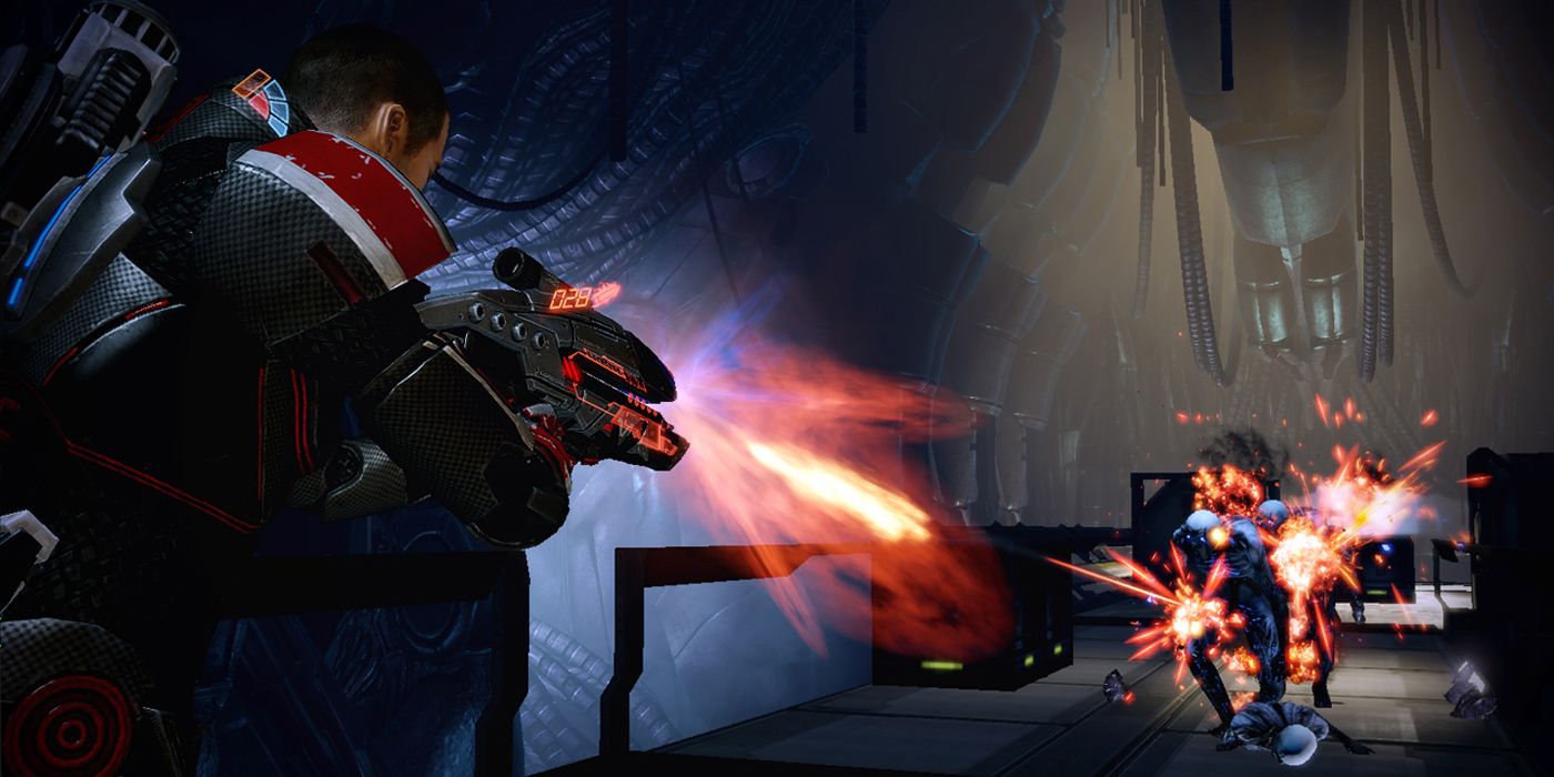 Mass Effect 2: командир Шепард стреляет в шелуху