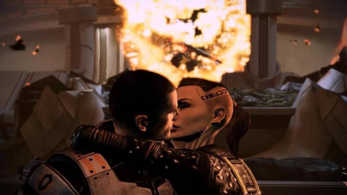 Jack and Shepard kissing in Mass Effect 3