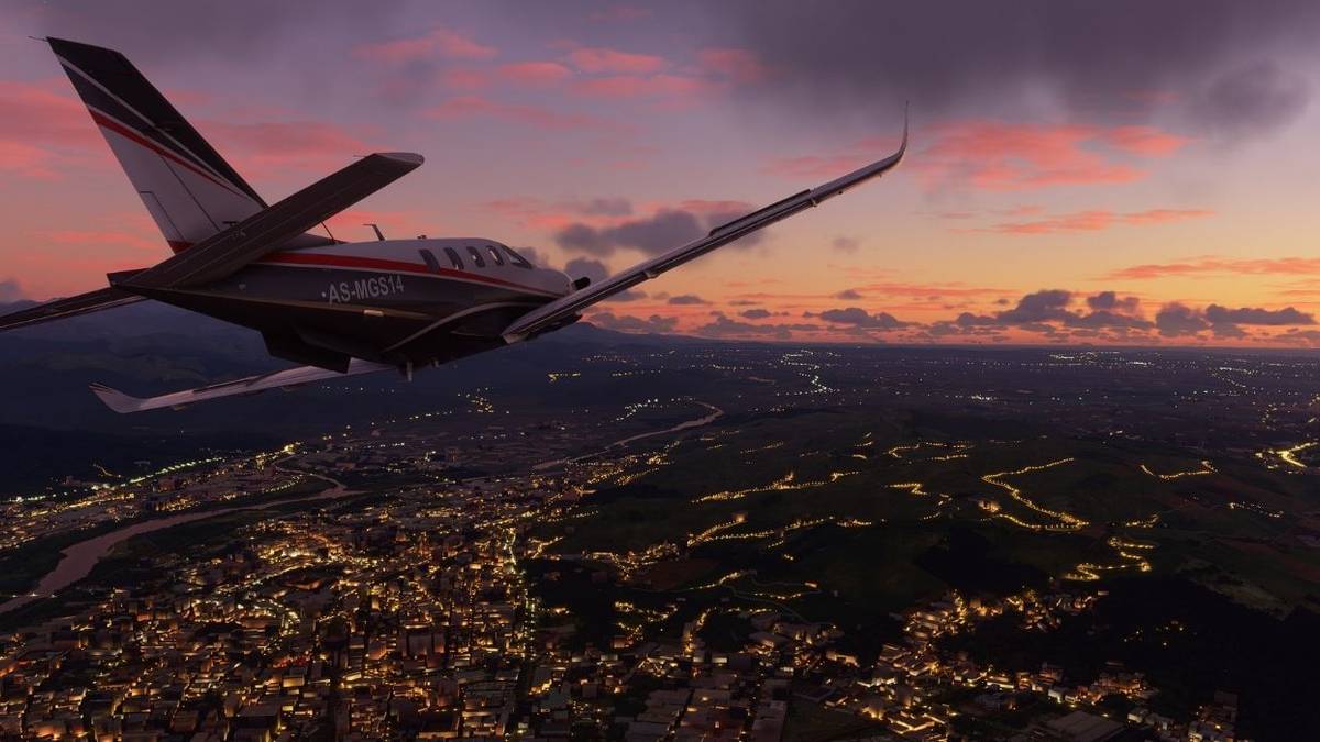 plane flying through evening sky