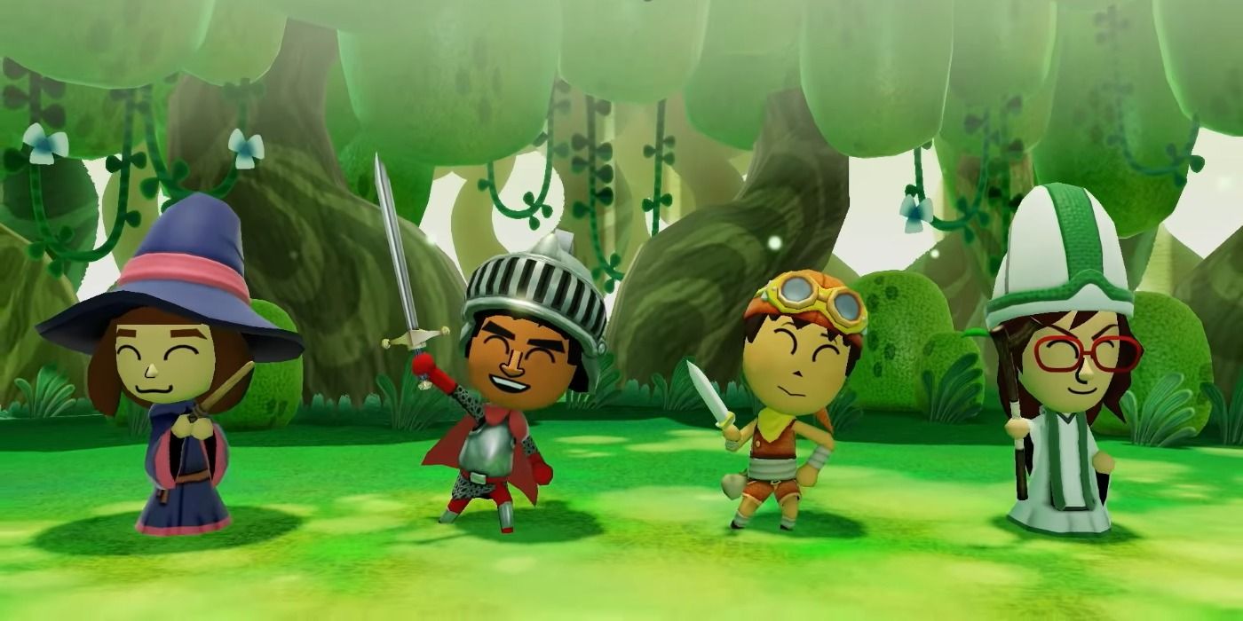 miitopia fully party of characters in a forest