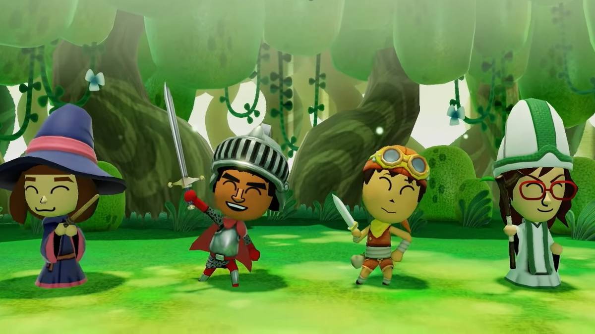 miitopia fully party of characters in a forest