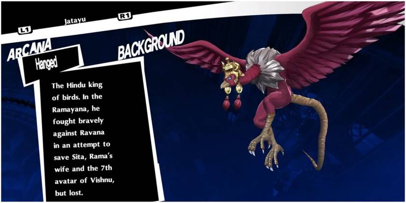 a powerful bird being from hindu mythology as a hanged man arcana persona.