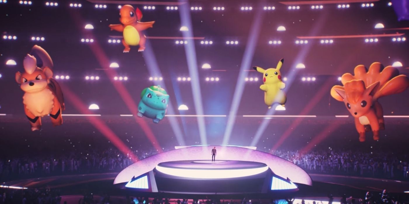 virtual concert with post malone on stage, pokemon balloons around him