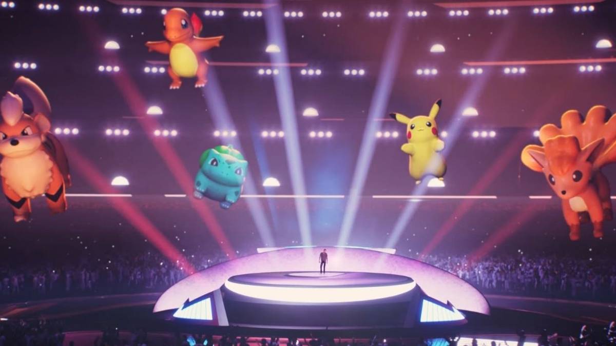 virtual concert with post malone on stage, pokemon balloons around him