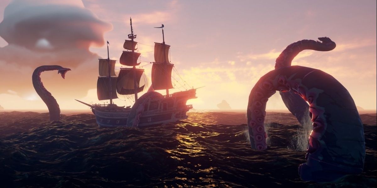 A kraken's tentacles rising out of the water in Sea of Thieves