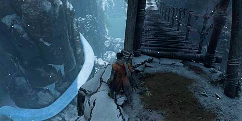 place to drop down into water to find treasure scales and an idol.