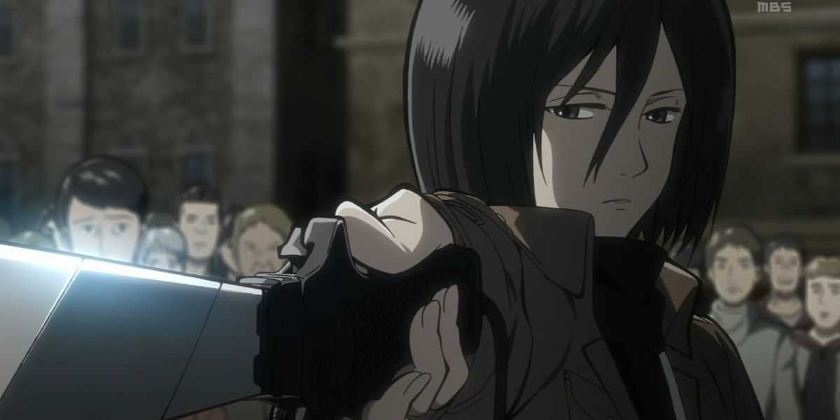 Mikasa Ackerman points her blade at a selfish noble in Attack on Titan