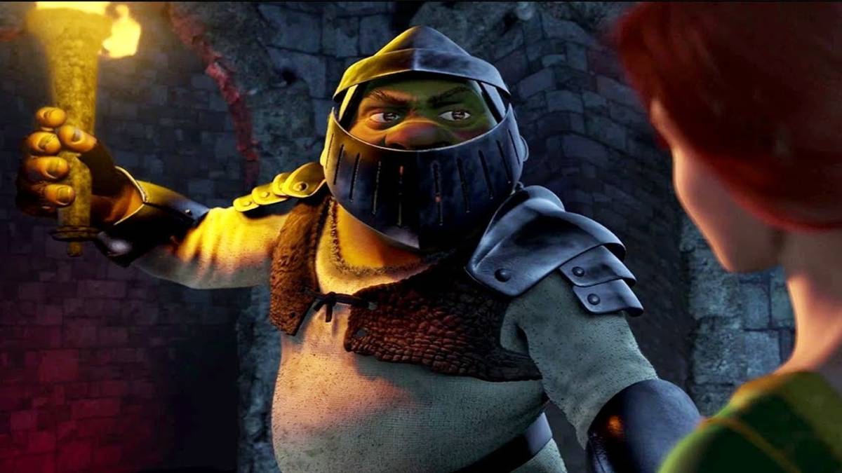Shrek in armor faces a human Fiona