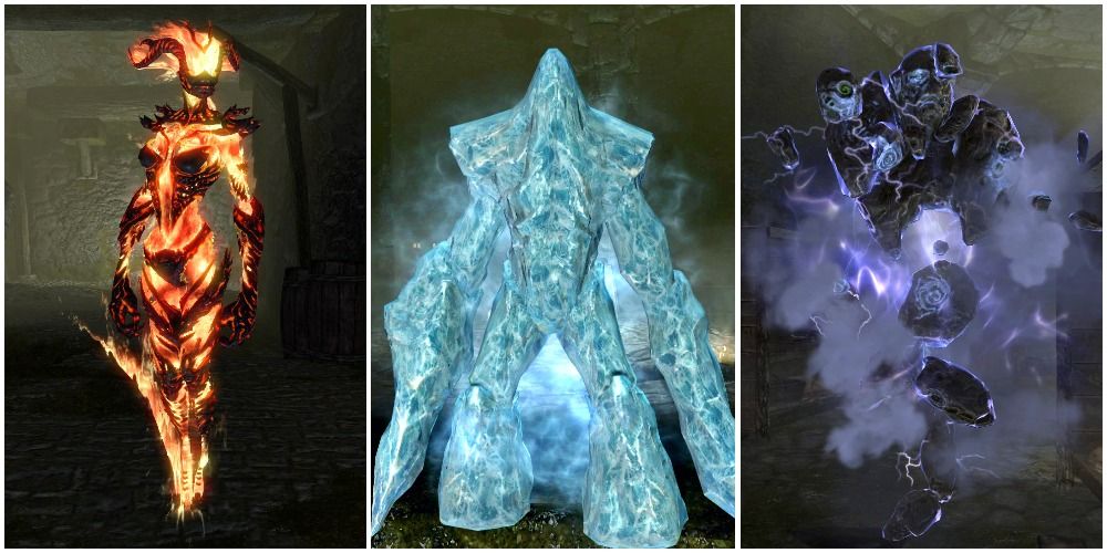 A flame, frost, and storm atronach