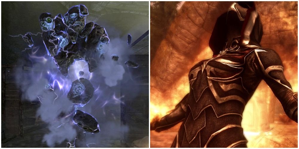 Left: storm atronach; right: Dragonborn casting a spell