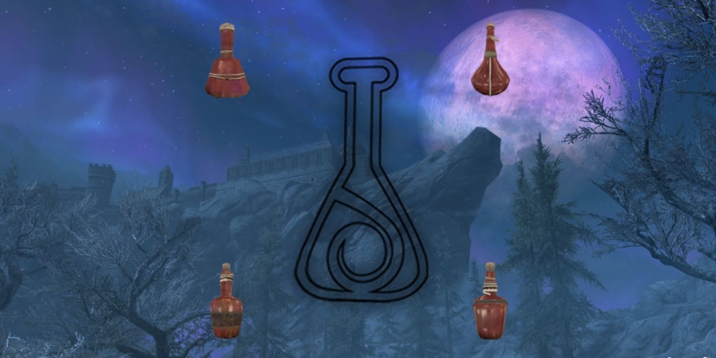 skyrim restore health potion over night sky whiterun