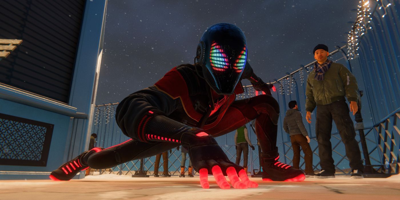 spider-man miles morales superhero landing pose in 2020 suit
