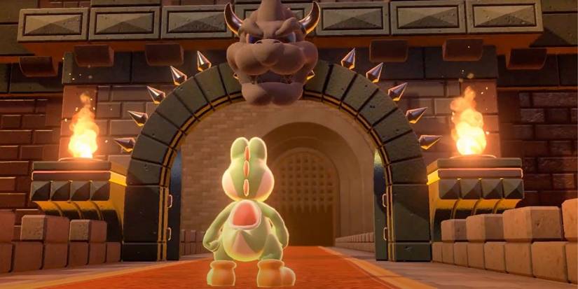 super mario 3d world bowsers fury yoshi standing in front of gate to bowsers castle
