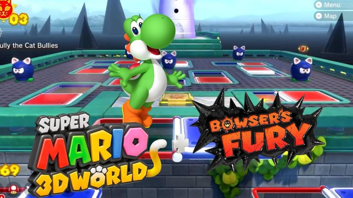 super mario 3d world bowsers fury yoshi jumping through titles over cat bullies stage