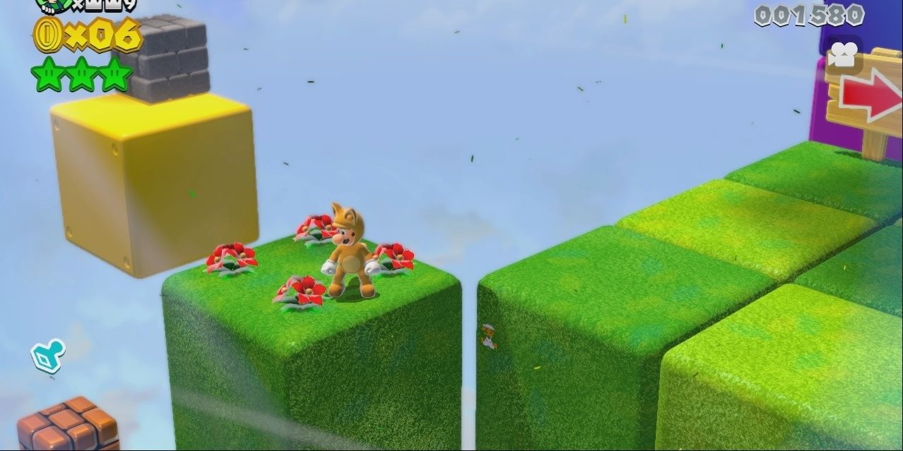 Cat Luigi standing near a secret 8-bit Luigi in Super Mario 3D World
