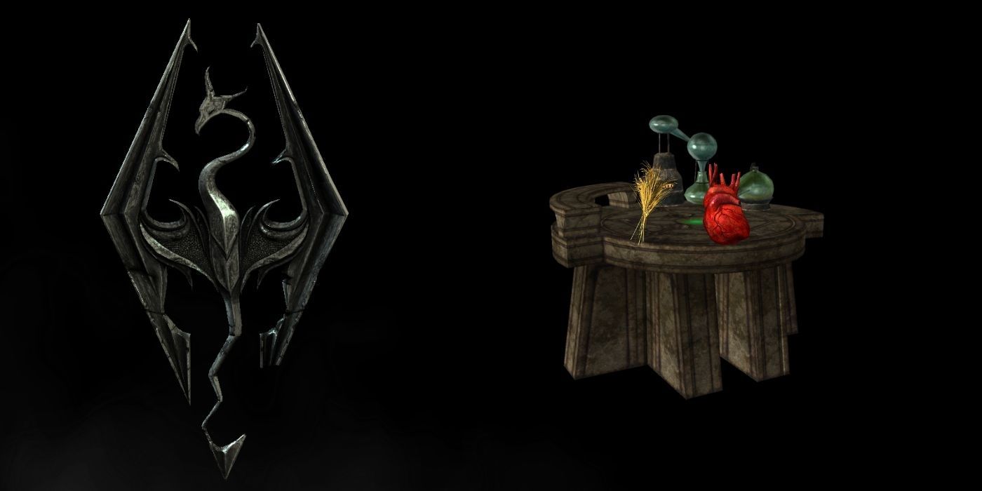 Skyrim Logo And Alchemy Lab With Daedra Heart And Wheat