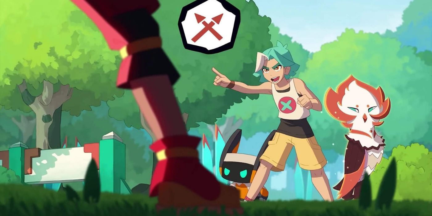 temtem tamer in a battle with two creatures