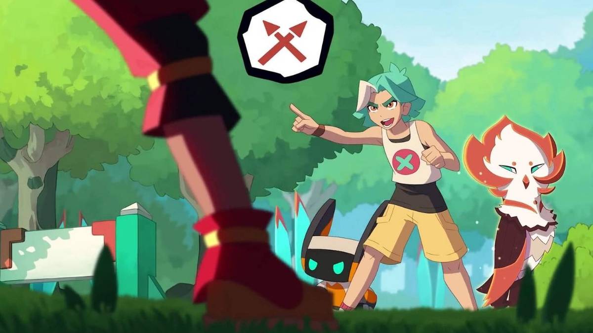 temtem tamer in a battle with two creatures