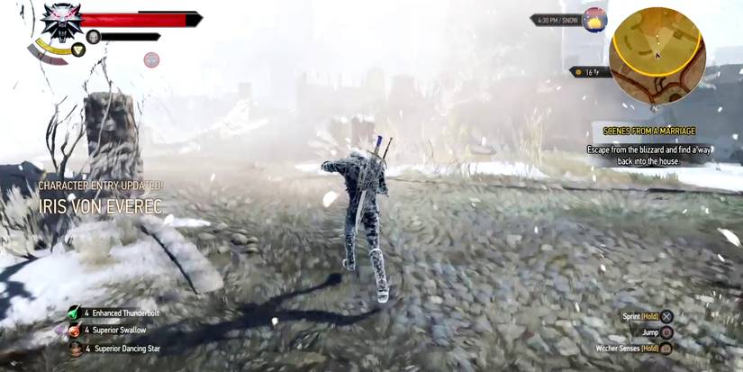 geralt walking through a snowstorm.