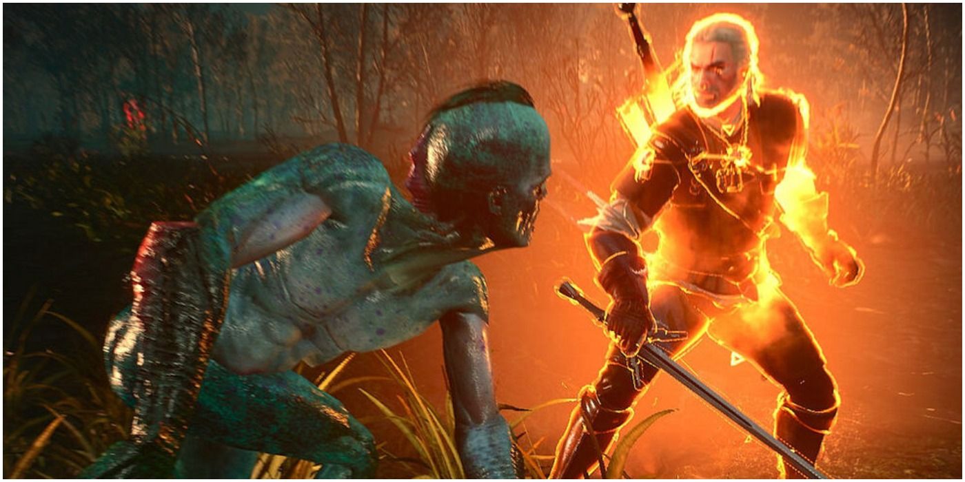 Geralt fighting a Drowner with Quen active in The Witcher 3