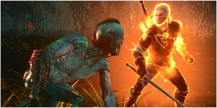 Geralt fighting a Drowner with Quen active in The Witcher 3