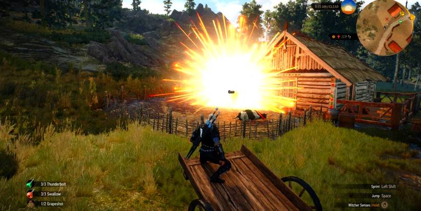 geralt using a grenade-like bomb.