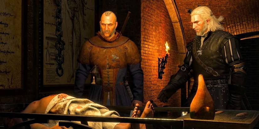 joachim von gratz and geralt of rivia standing over a dead body.