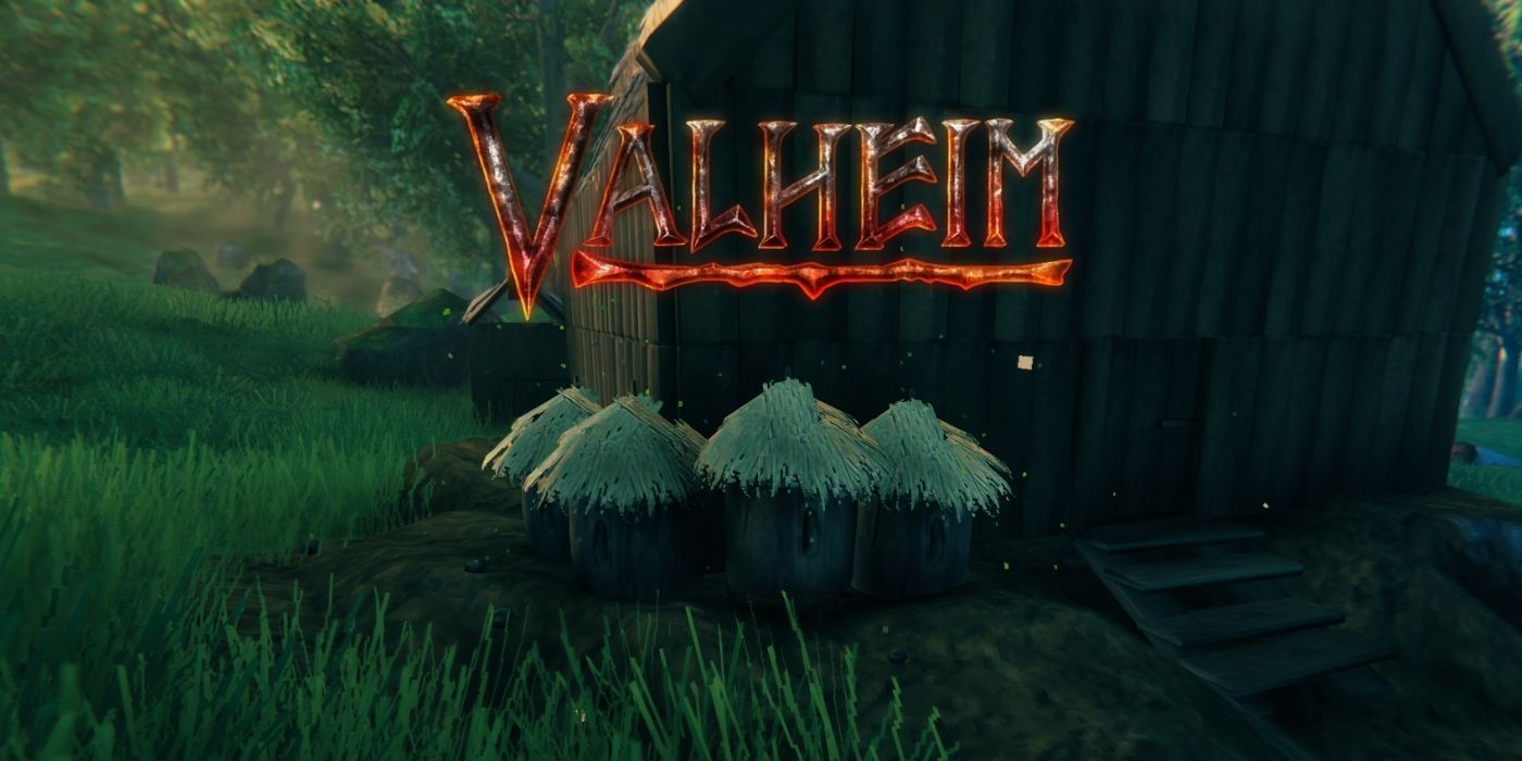 valheim logo over image of beehives in game