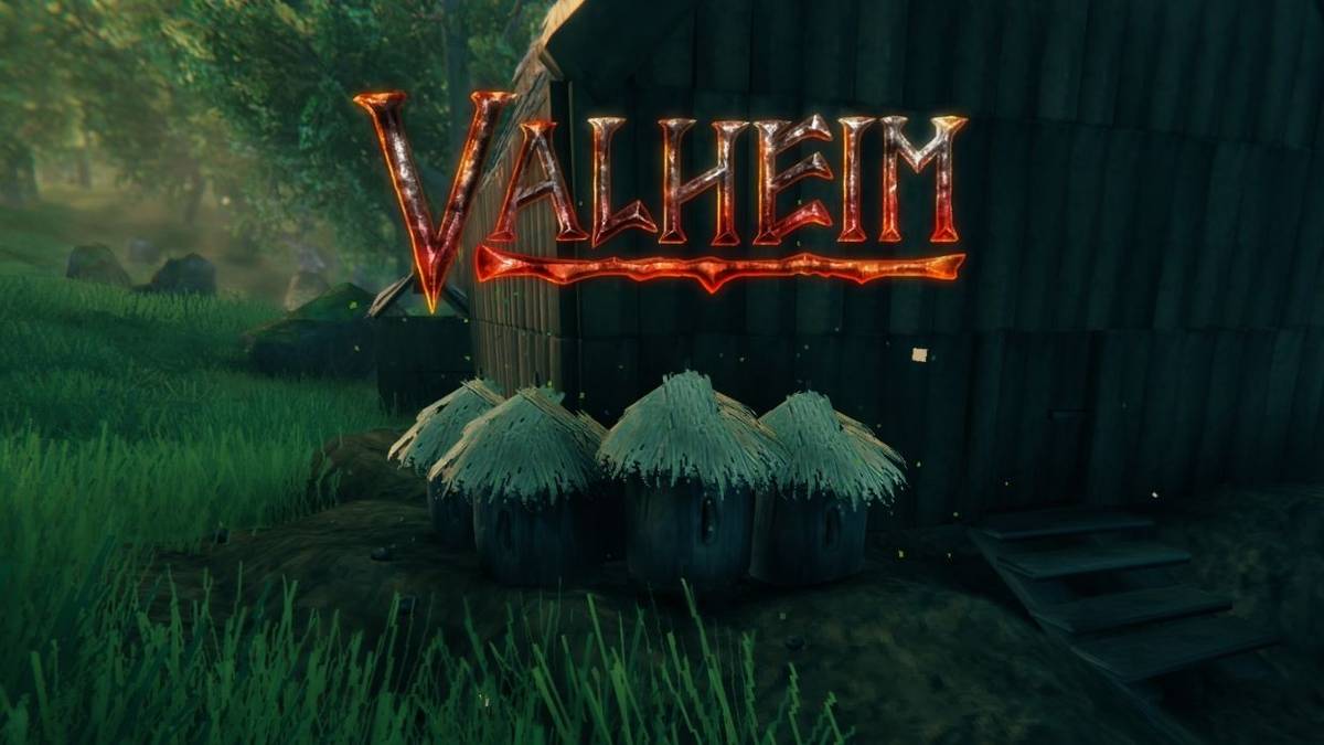 valheim logo over image of beehives in game