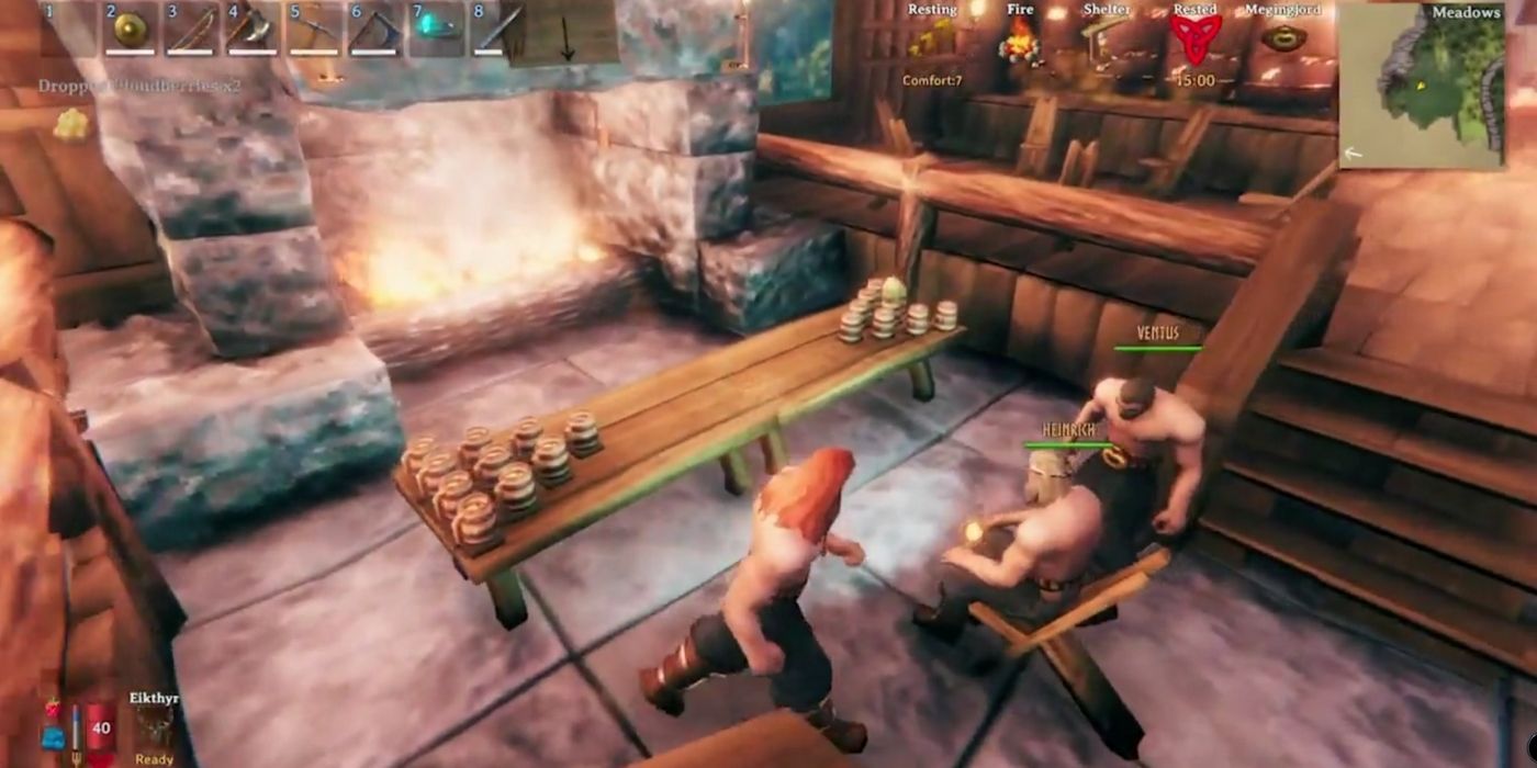 beer pong setup of mugs on table in valheim game