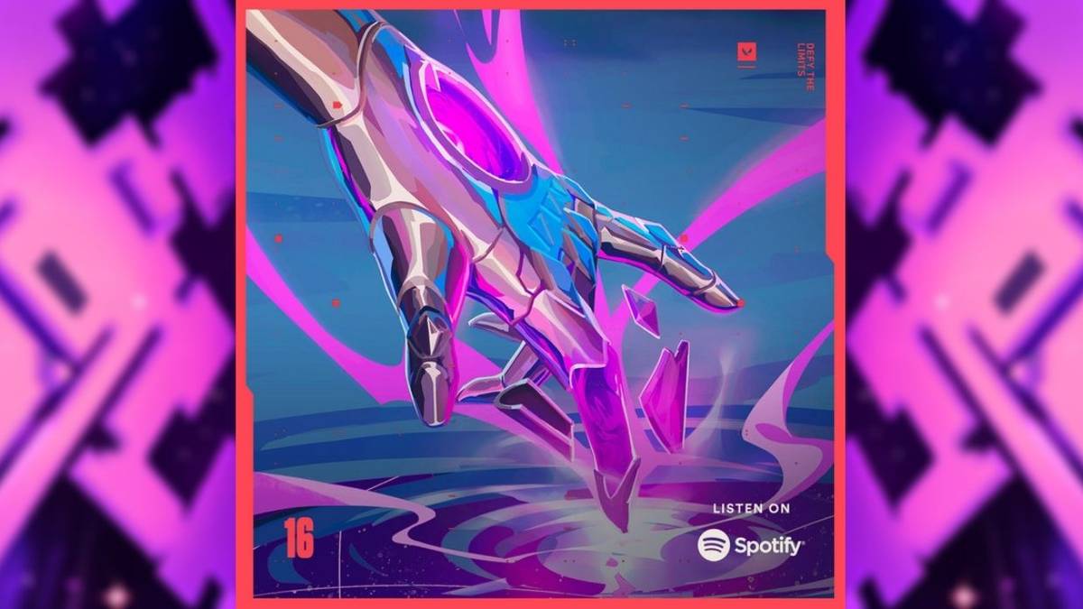 purple armored hand above water like puddle