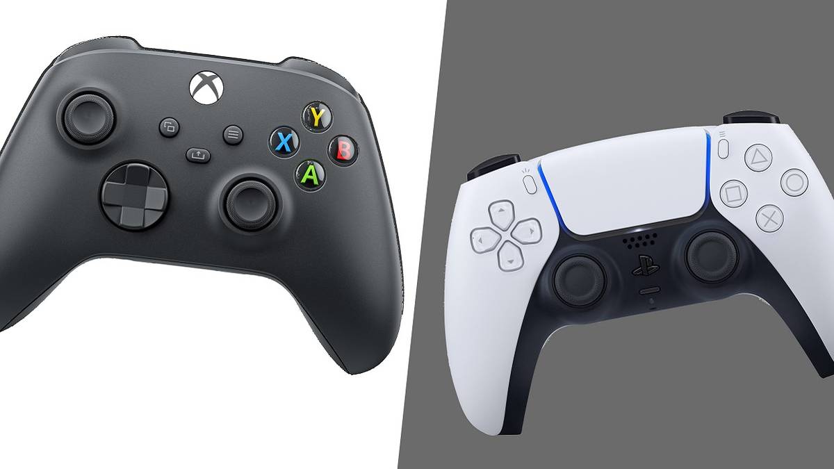A Xbox Series X and a PS5 controller next to each other