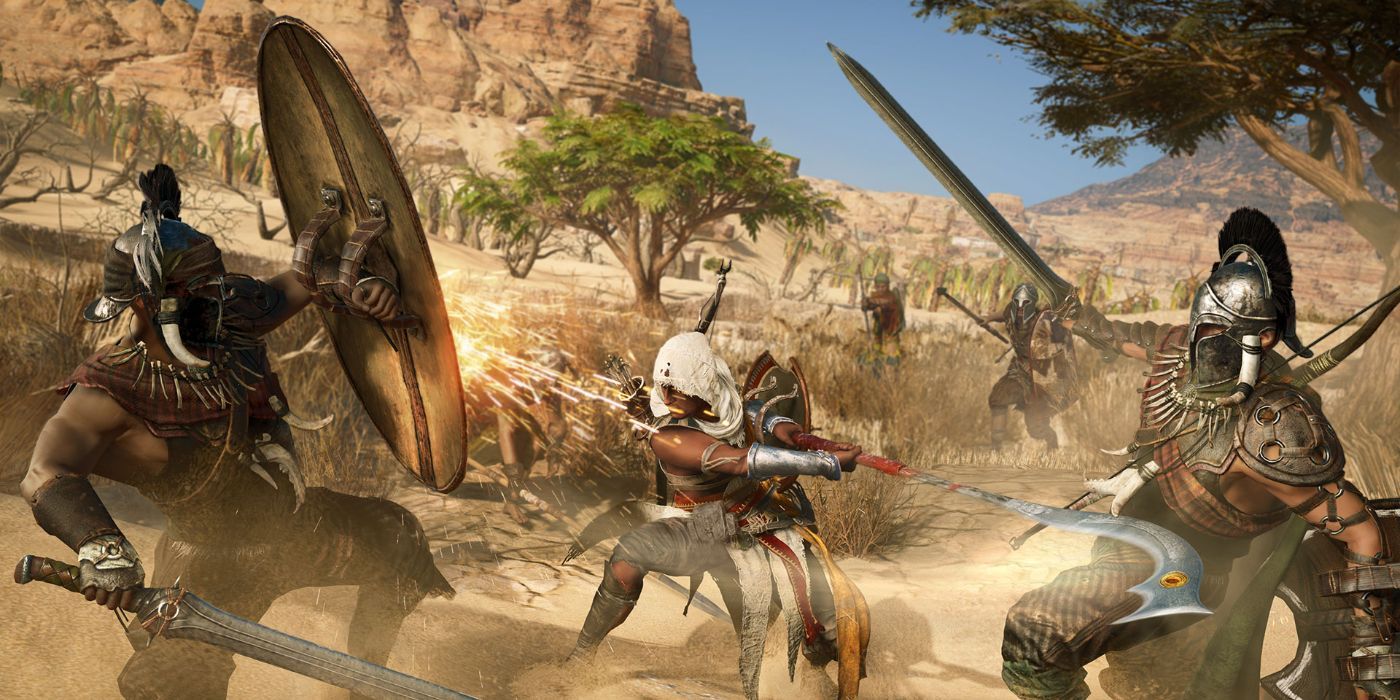 Asassin's Creed Origins Bayek In Combat With Two Foes