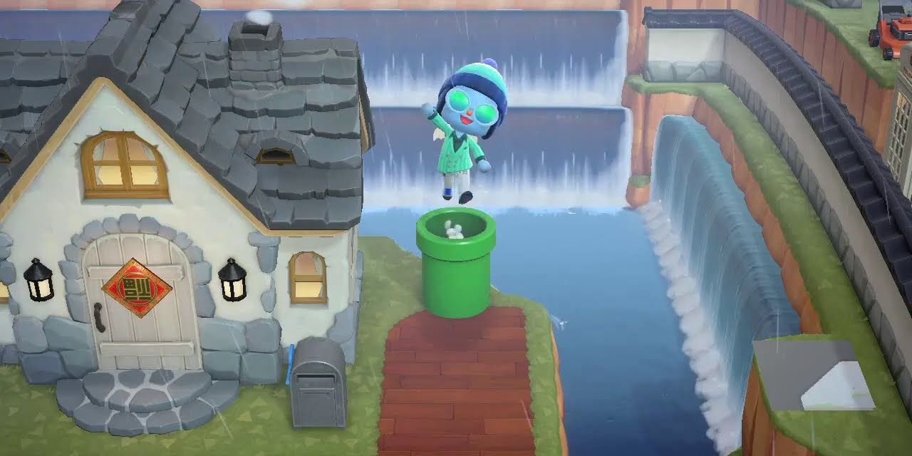 A player popping out from a pipe in a corner next to their house in Animal Crossing New Horizons