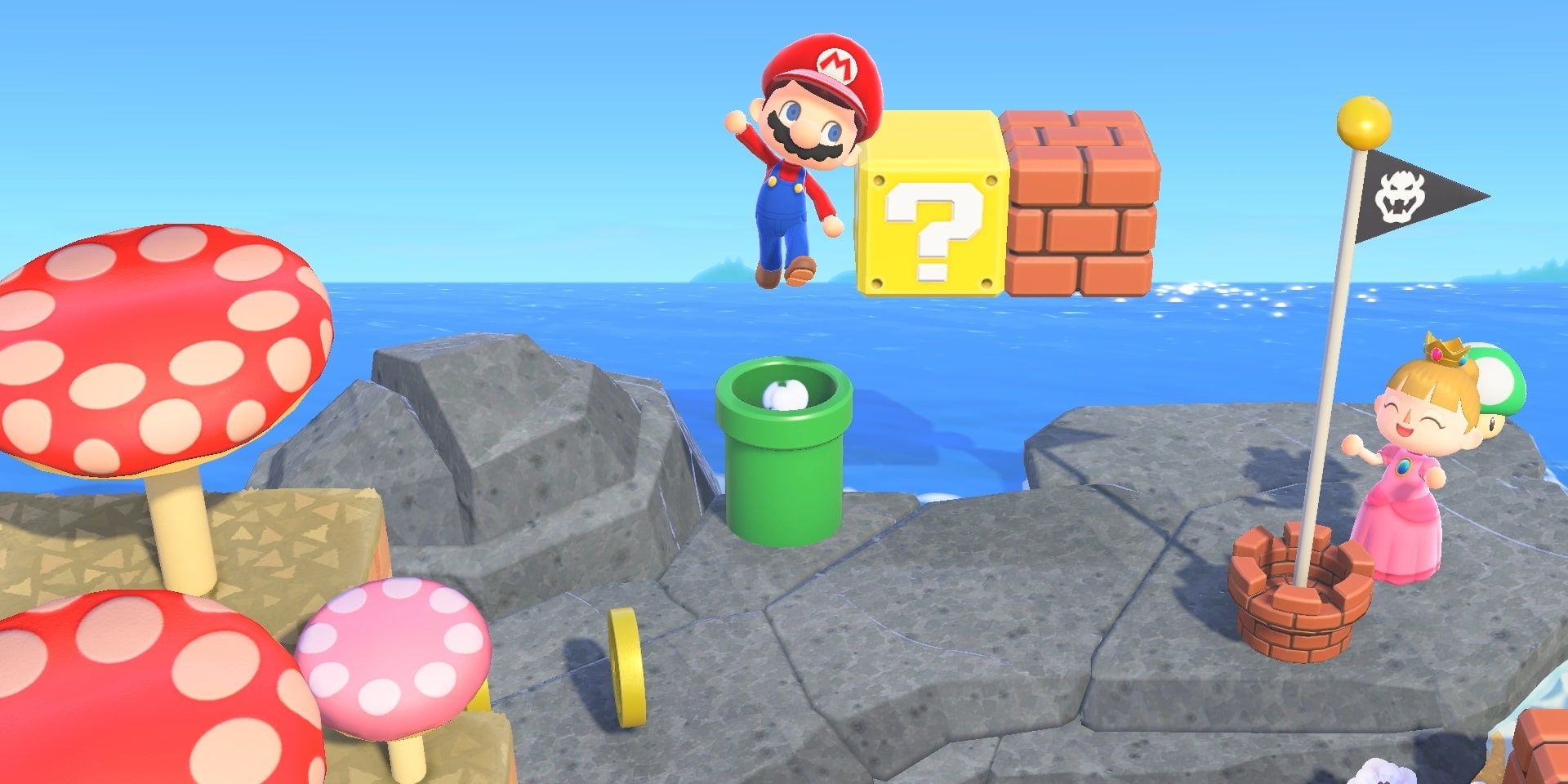 A player dressed as Mario popping out of the pipe in Animal Crossing New Horizons