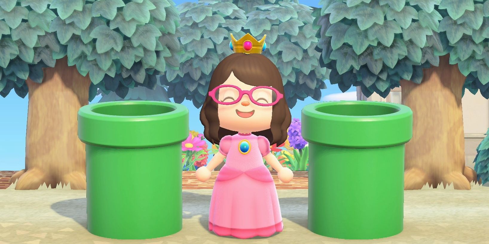A player wearing a Peach outfit standing between pipes in Animal Crossing New Horizons