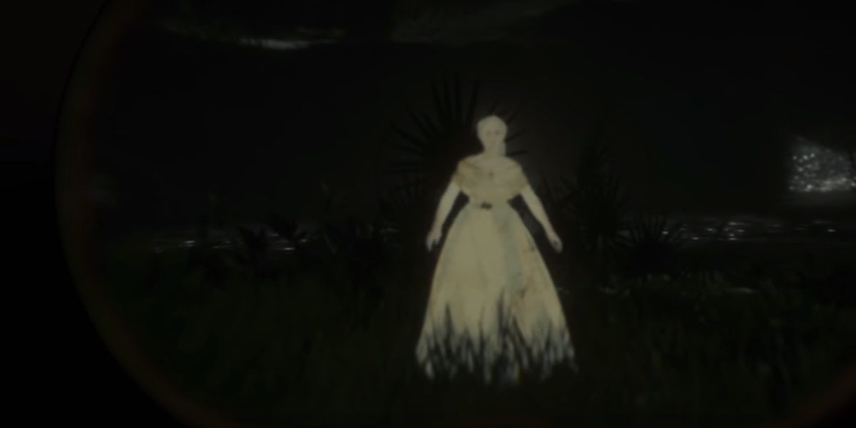 Player looking at the ghost of Agnes Dowd through binoculars in Red Dead Redemption 2